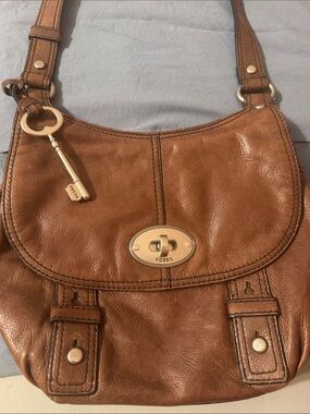 Fossil Brown Leather Shoulder Bag with Key Charm